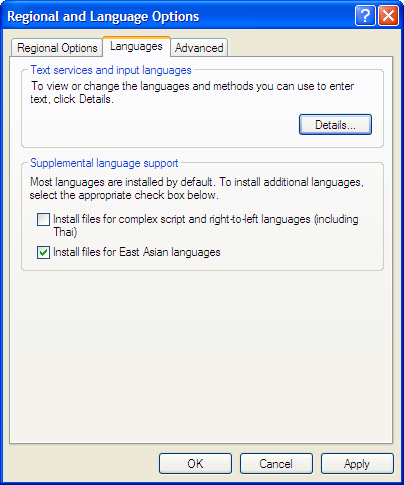 Windows XP 'Regional and Language Options' dialog box